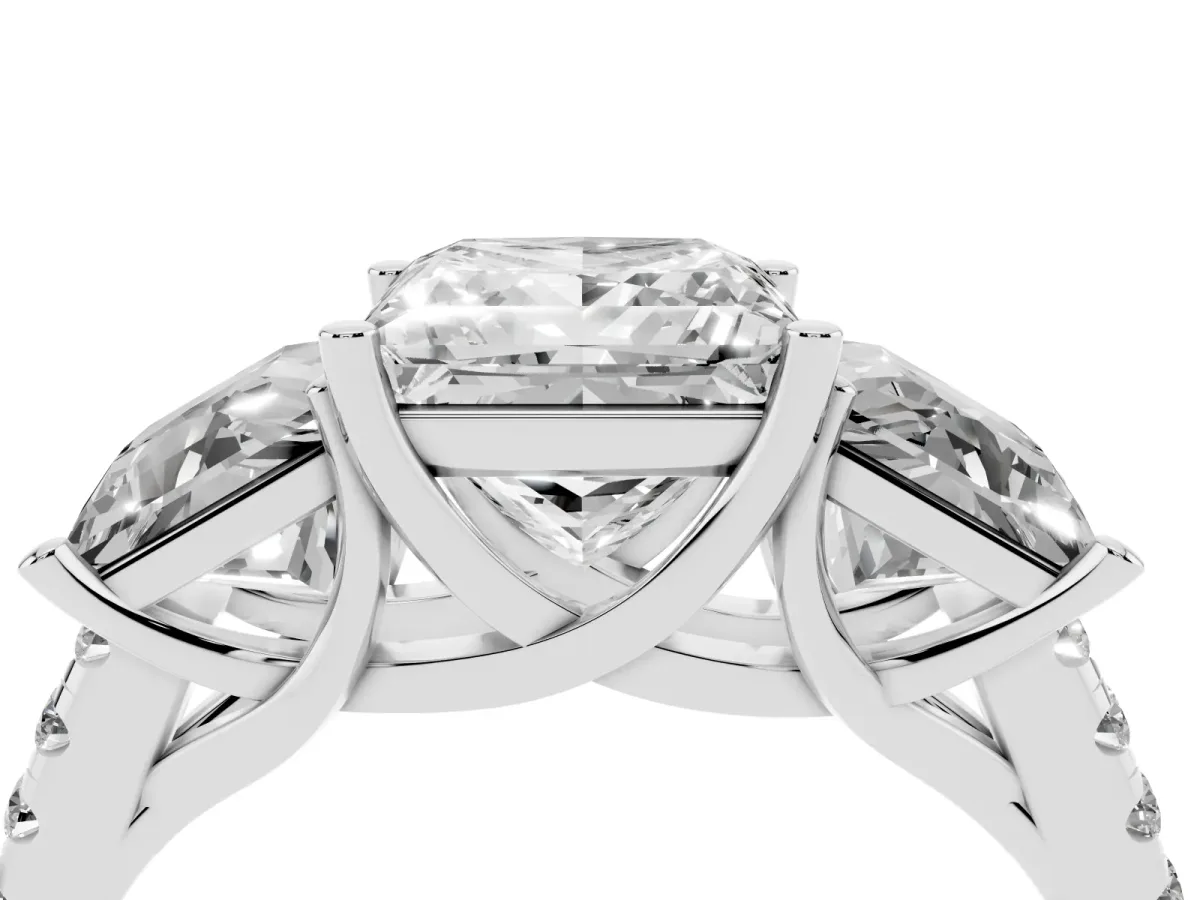 Three-Stone Princess Cut Diamond Ring with Round Pavé Band and Prong Setting Silver