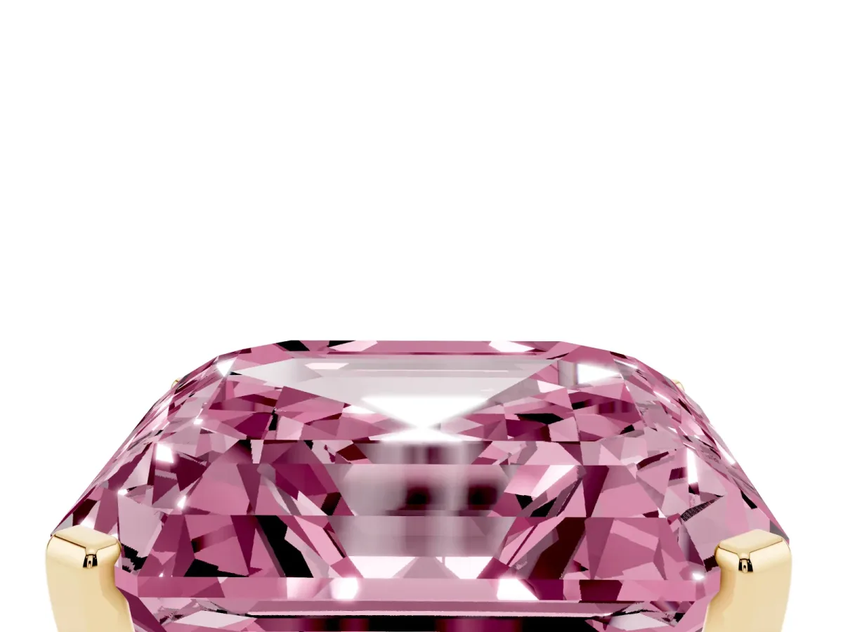 Fancy Pink Asscher Cut Cut Three-Stone Solitaire Ring with Round Accent Diamonds and Four-Prong Setting Yellow gold