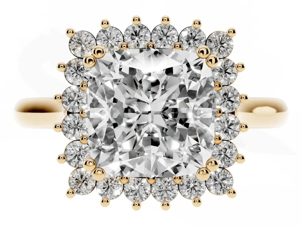 Cushion Cut Cut Diamond Halo Ring with Solitaire Band and Prong Setting Yellow gold