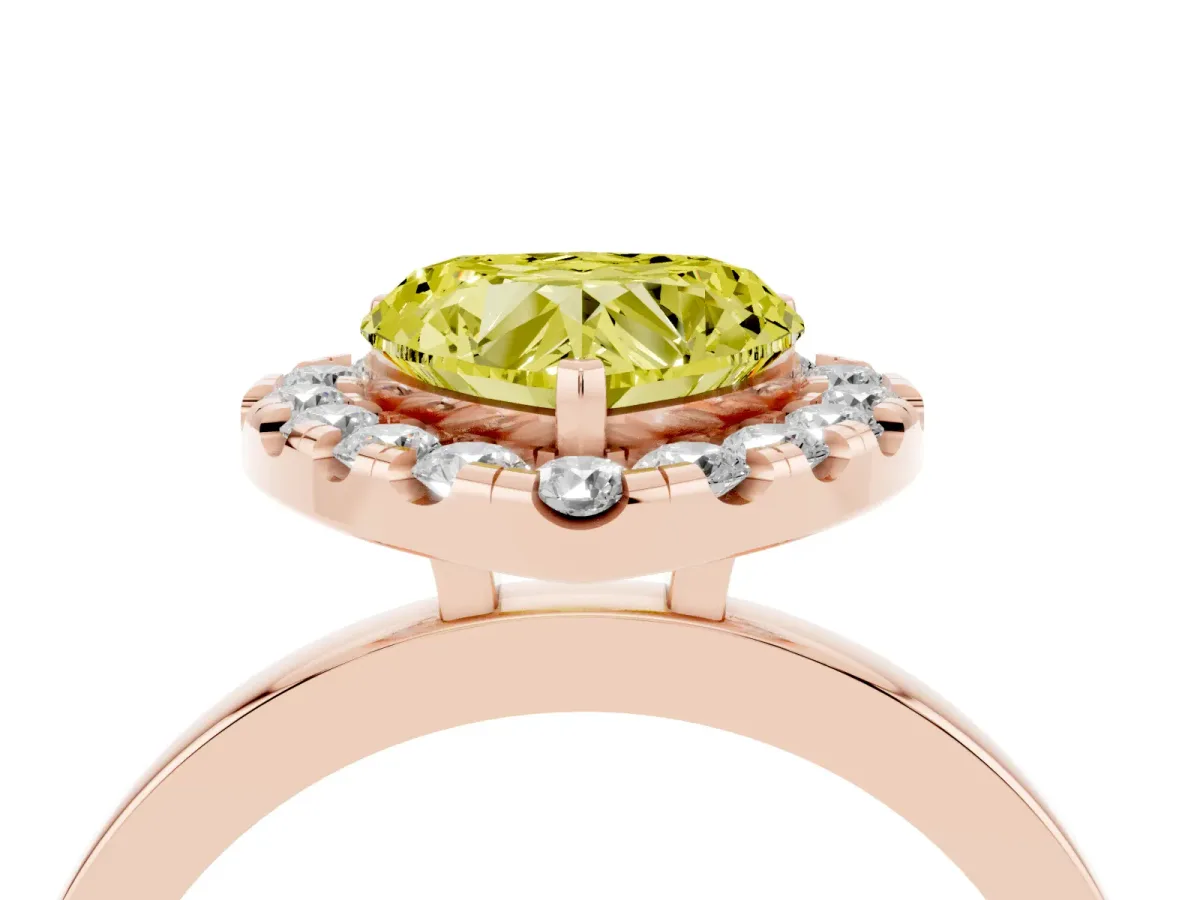Fancy Yellow Heart Cut Halo Diamond Solitaire with Pavé Band and Four-Prong Setting Rose gold