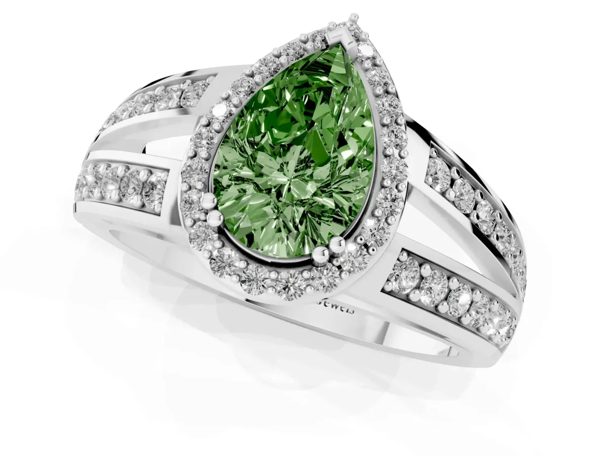 Fancy Green Pear Cut Diamond Halo Ring with Split Shank Pavé Band and Four-Prong Setting Platinum