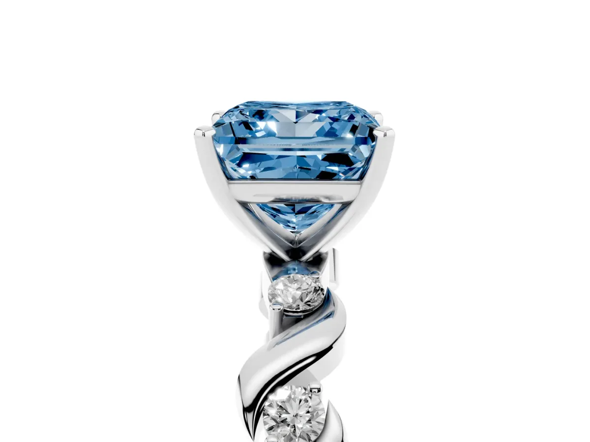 Fancy Blue Princess Cut Diamond Solitaire Twisted Band with Round Accents and Prong Setting White gold