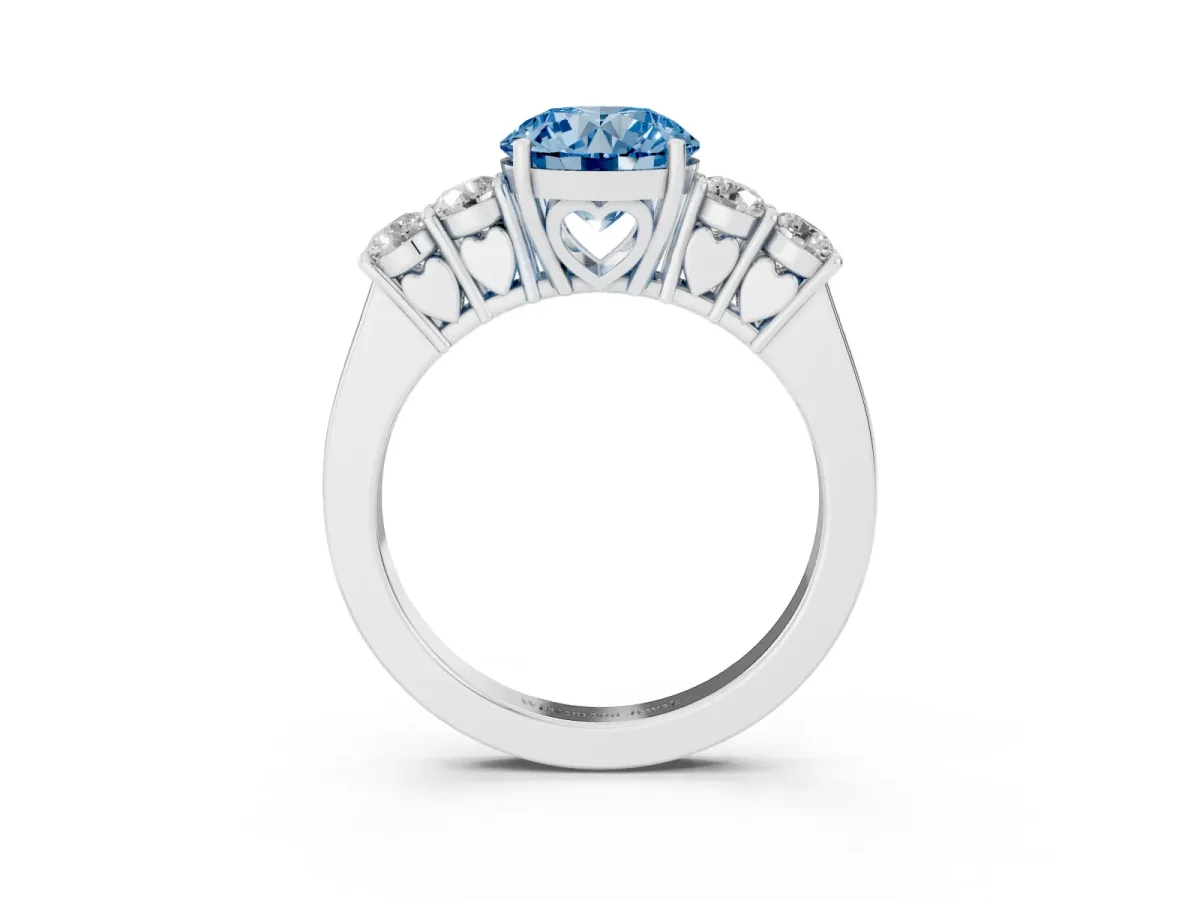 Fancy Blue Round Cut Cut Diamond Five-Stone Prong Set White Gold Ring Silver