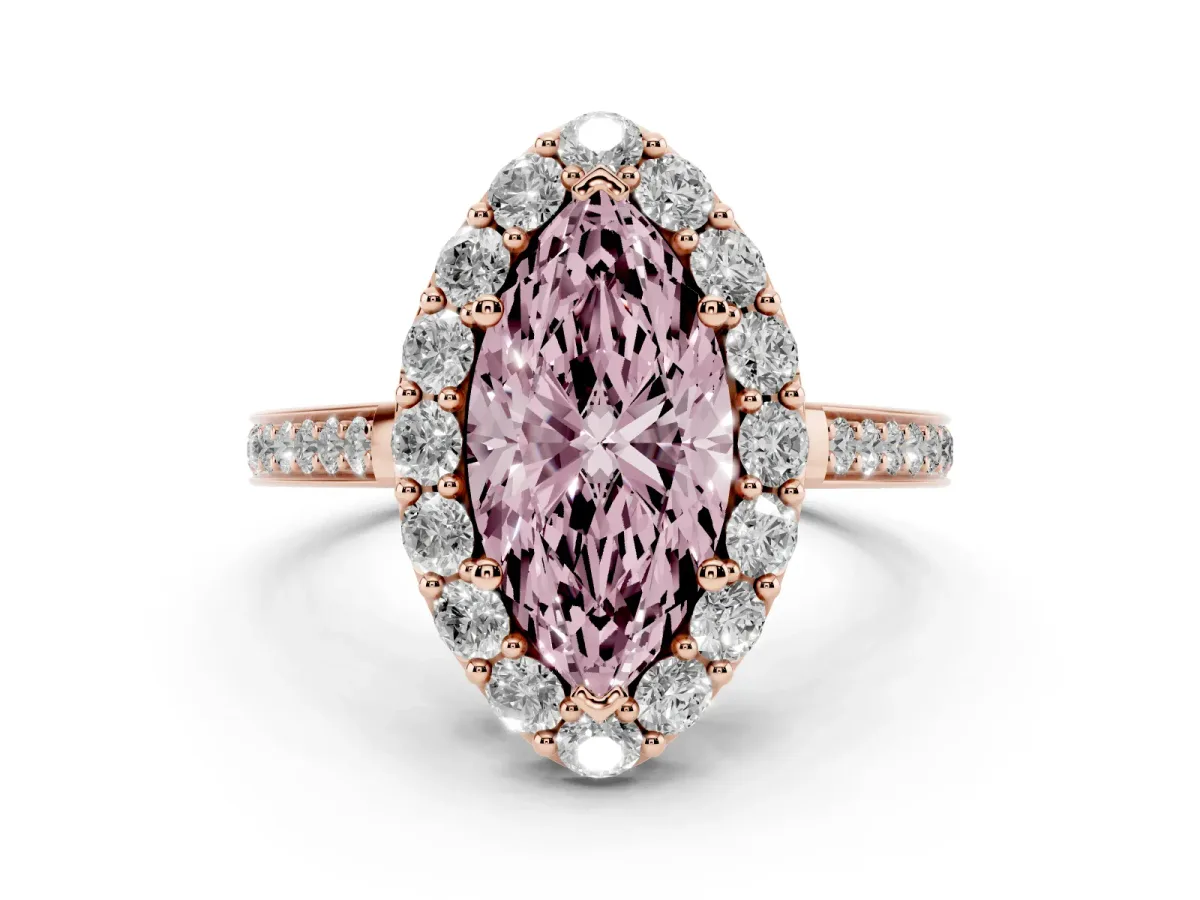 Fancy Pink Marquise Cut Diamond Floral Halo Ring with Pavé Band and Prong Setting Rose gold