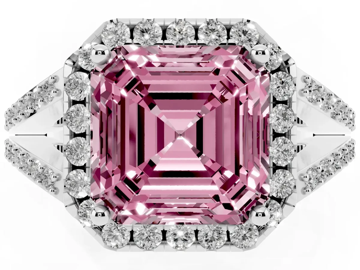 Fancy Pink Asscher Cut Halo Split Shank Diamond Ring with Prong Setting Silver