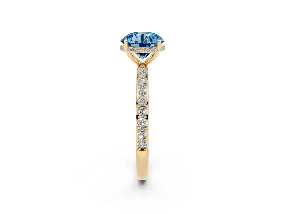 Fancy Blue Round Cut Diamond Solitaire Ring with Pavé Band and Hidden Halo Yellow gold