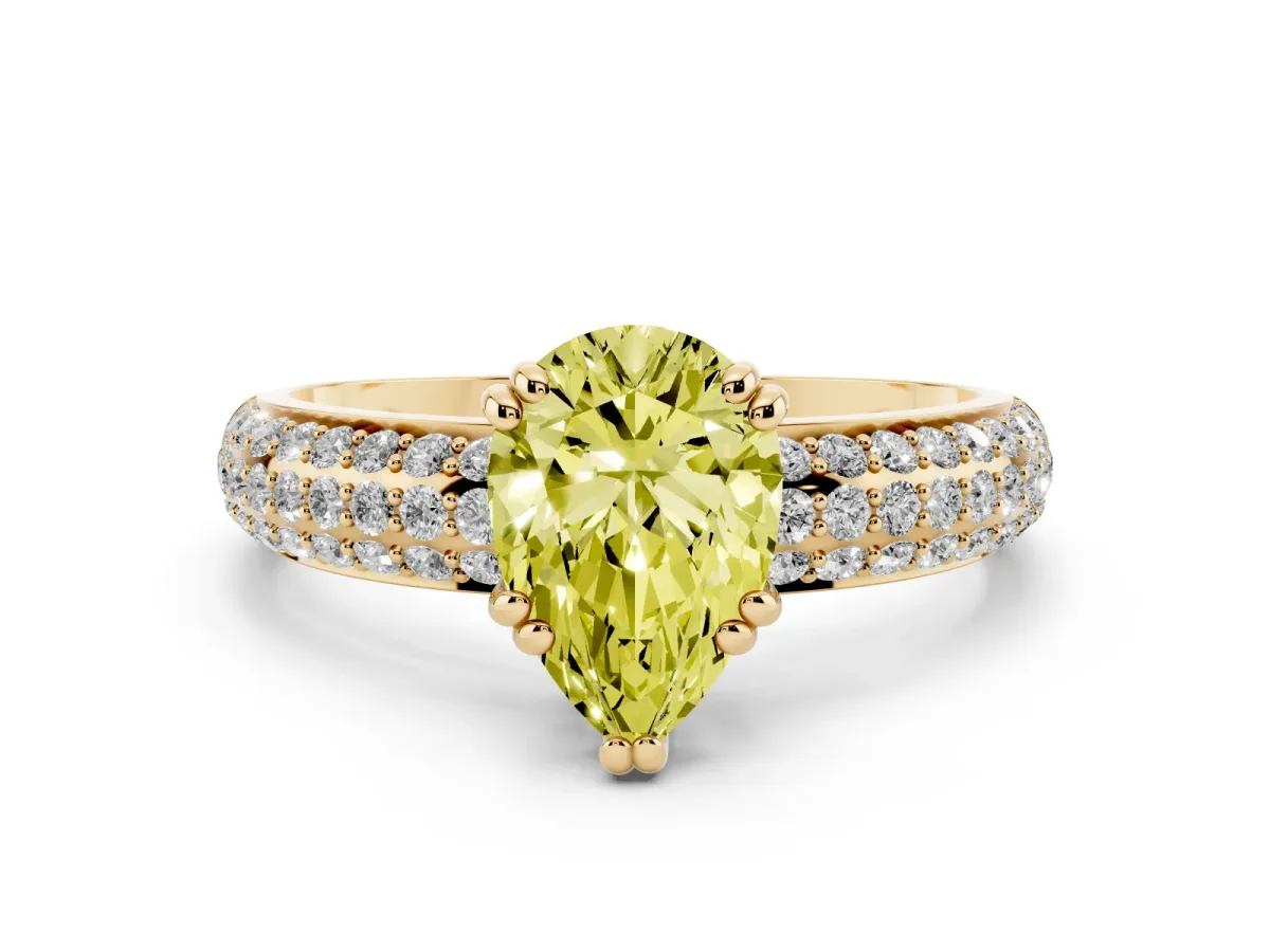 Fancy Yellow Pear Cut Diamond Solitaire Ring with Multi-Row Round Pavé Band and Prong Setting Yellow gold