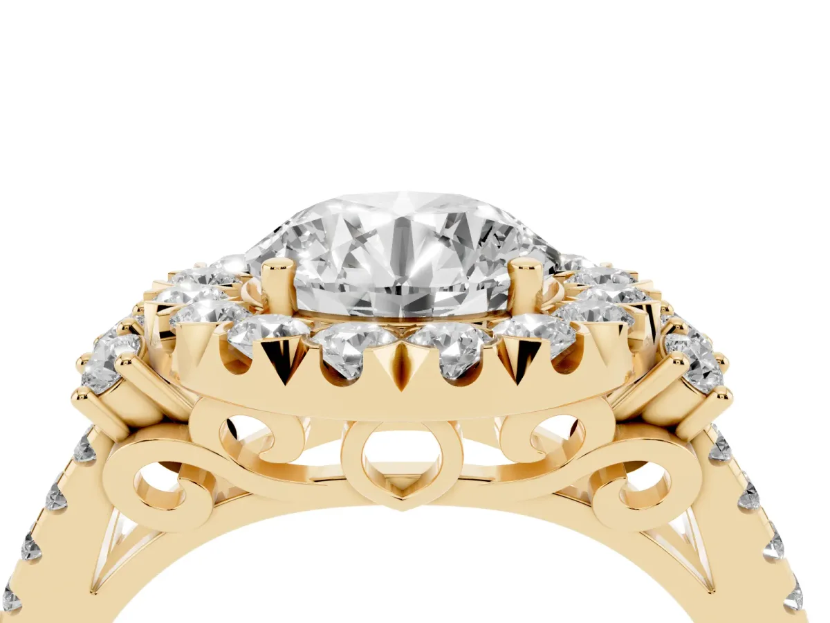 Round Cut Cut Double Halo Diamond Engagement Ring with Pave Band and Four-Prong Setting Yellow gold