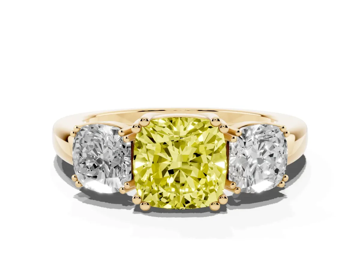 Fancy Yellow Three-Stone Cushion Cut Cut Diamond Ring with Channel Set Band and Four-Prong Setting Yellow gold