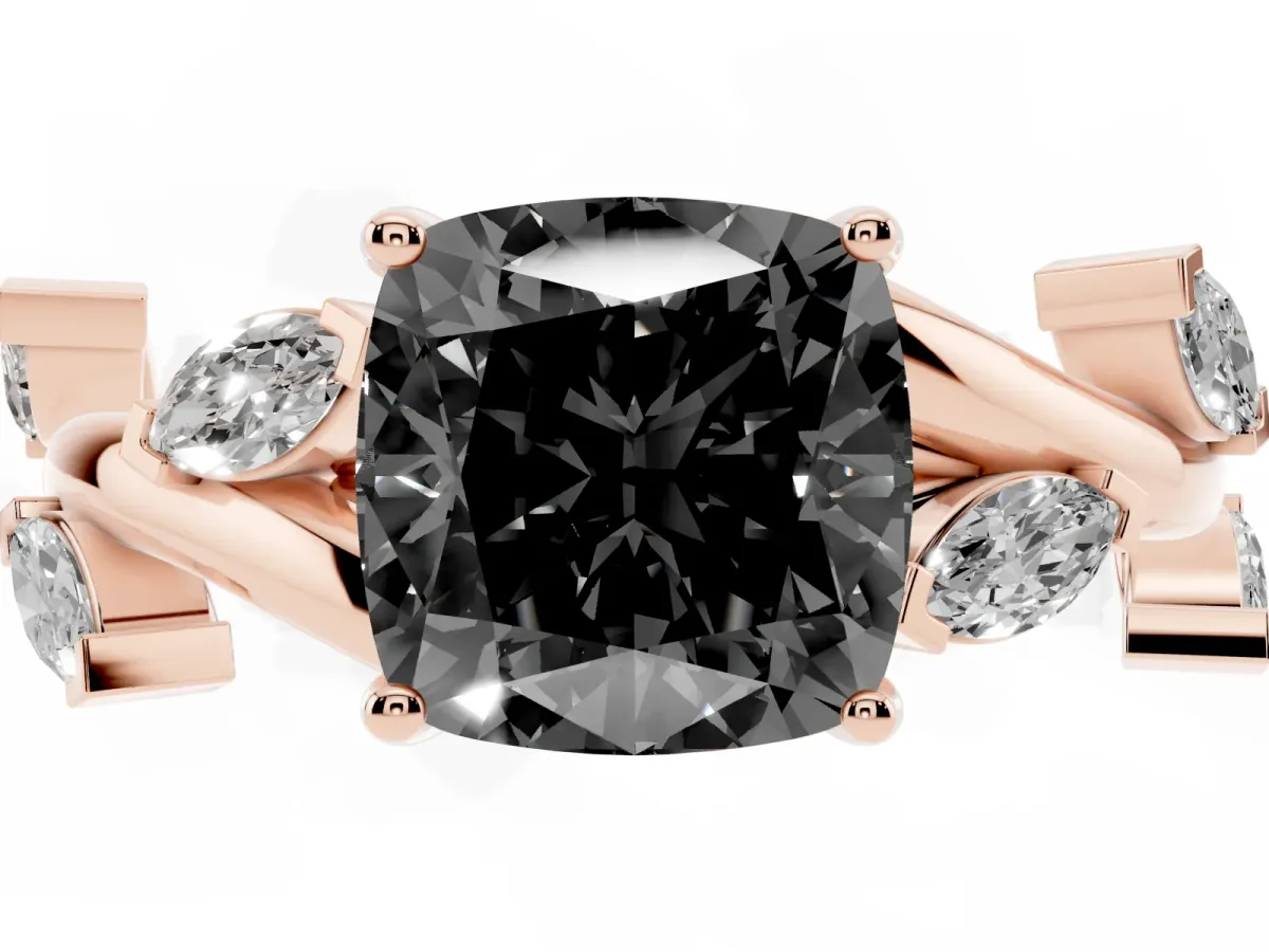 Fancy Black Cushion Cut Solitaire Twisted Band Marquise Accent Prong Setting Ring Rose gold
