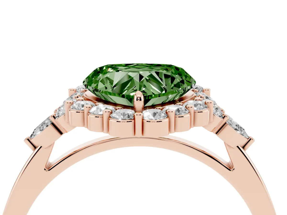 Fancy Green Heart Cut Diamond Halo Ring with Pear Side Stones and Prong Setting Rose gold