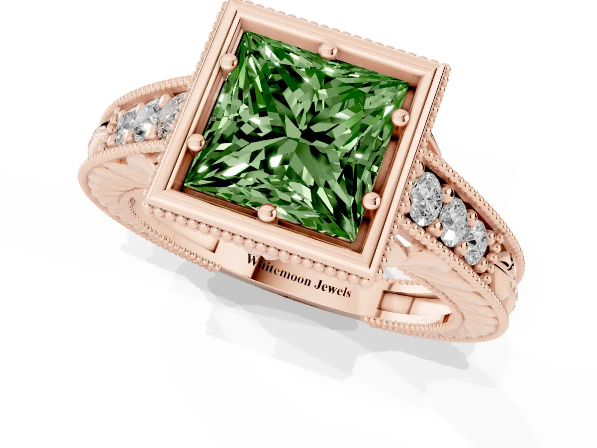 Fancy Green Bezel Set Princess Cut Diamond Milgrain Pave Engagement Ring Rose gold