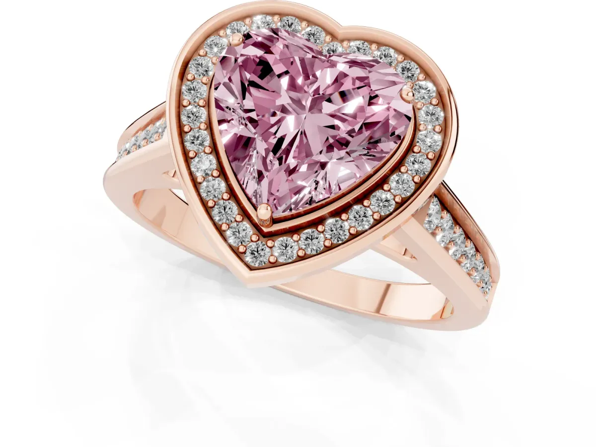Fancy Pink Heart Cut Halo Solitaire Diamond Ring with Pave Band and Bezel Setting Rose gold