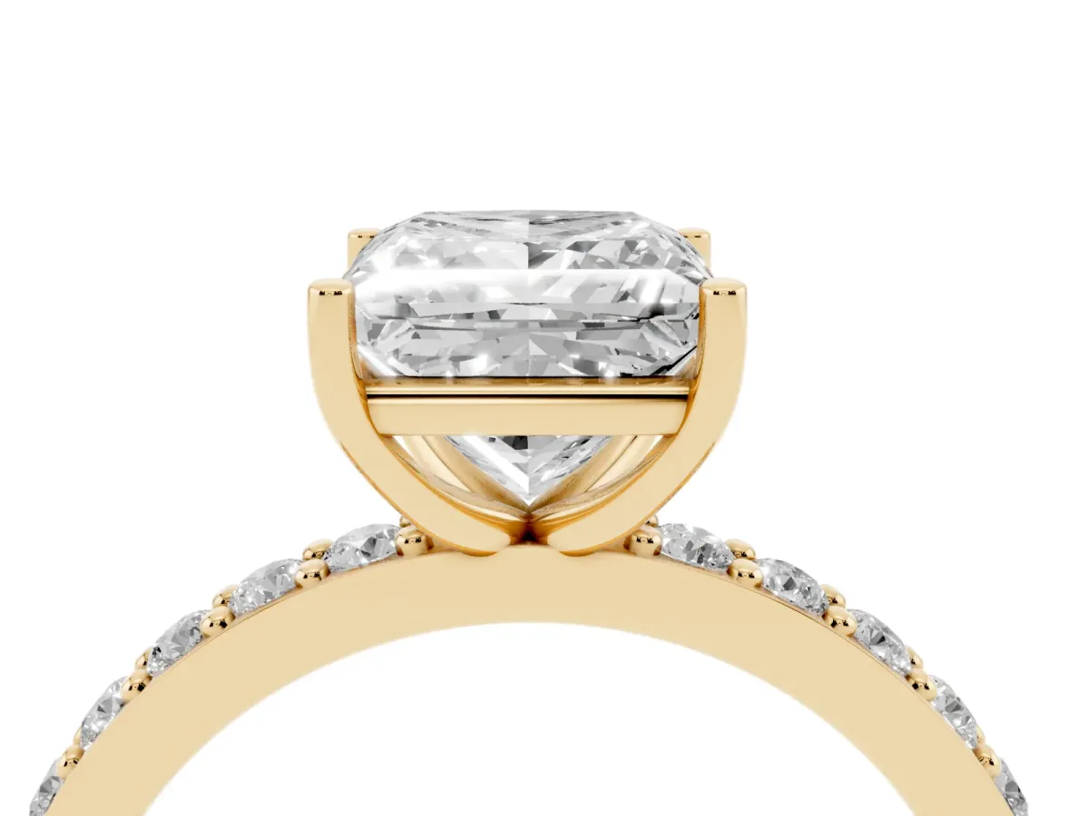 Princess Cut Cut Diamond Solitaire with Pave Band and Four-Prong Setting Yellow gold