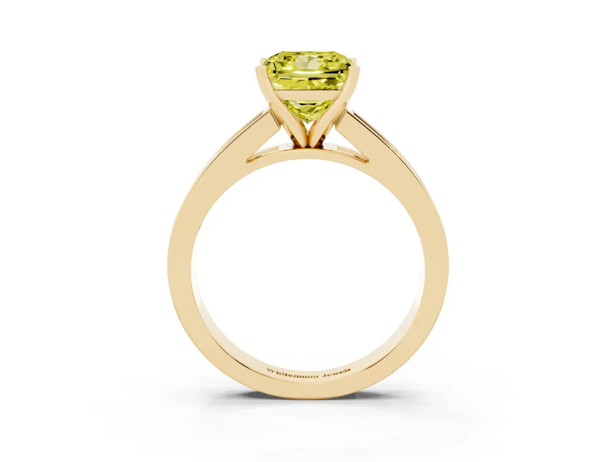 Fancy Yellow Princess Cut Solitaire Diamond Ring with Channel-Set Band and Four-Prong Setting Yellow gold