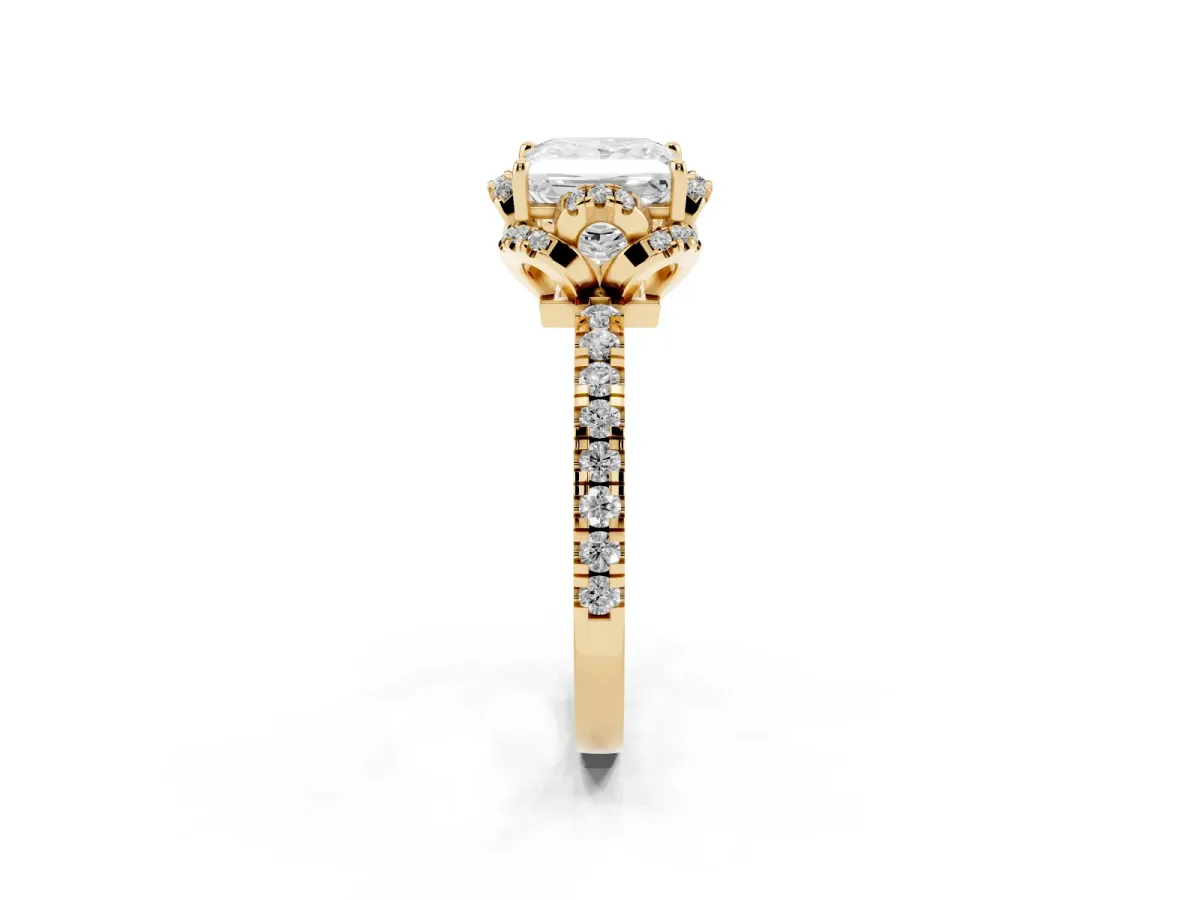 Princess Cut Halo Diamond Pave Band Ring with Four-Prong Setting Yellow gold