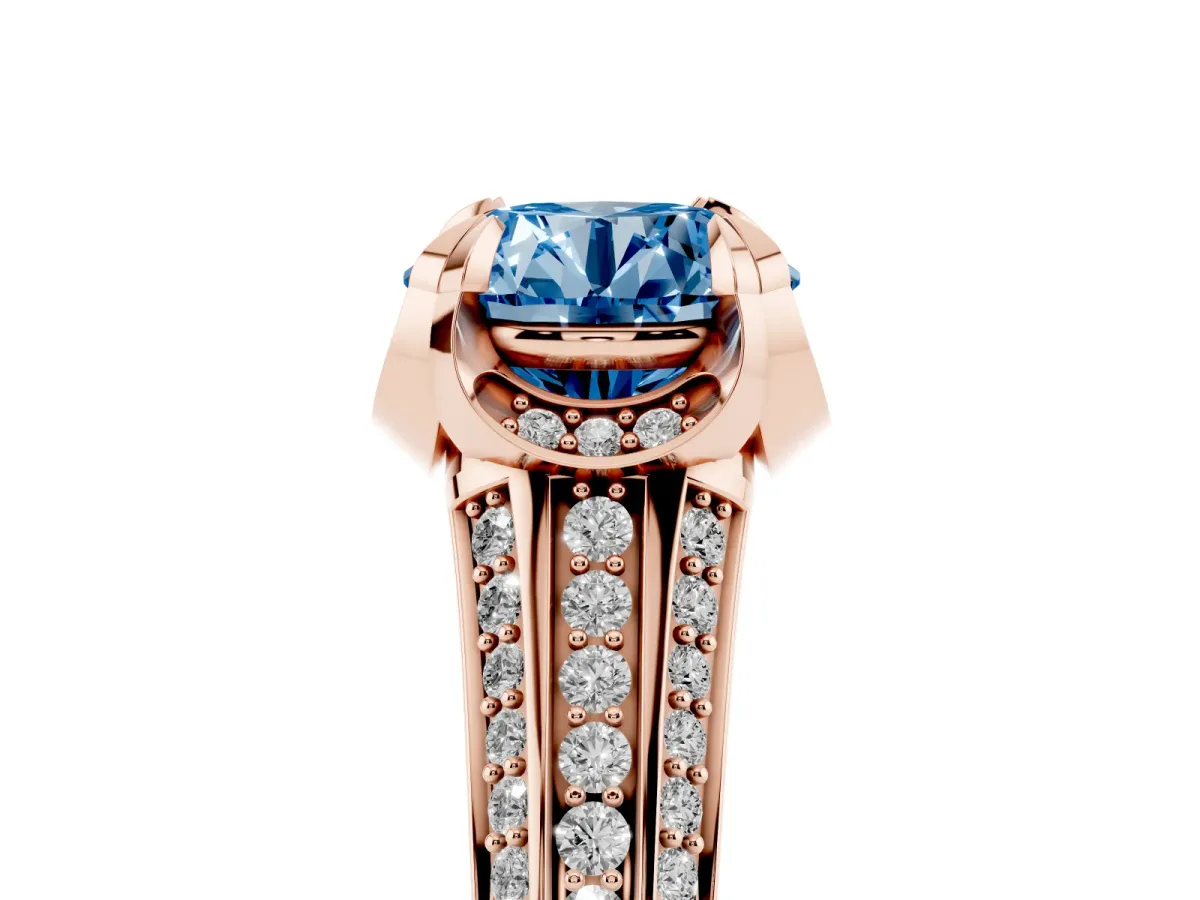 Fancy Blue Round Cut Solitaire Pave Split Shank Ring with Four-Prong Setting Rose gold
