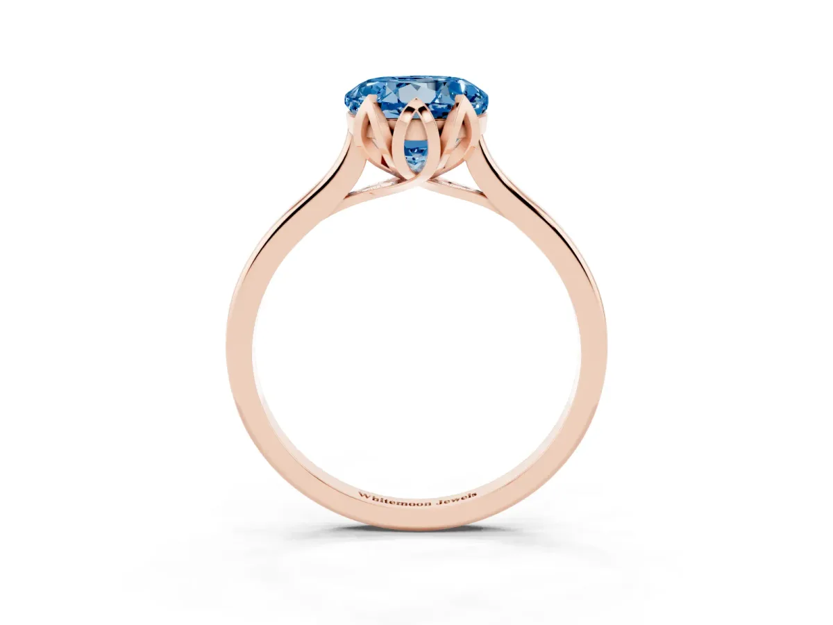 Fancy Blue Round Cut Diamond Solitaire Ring with Flower Prong Setting and Classic Band Rose gold