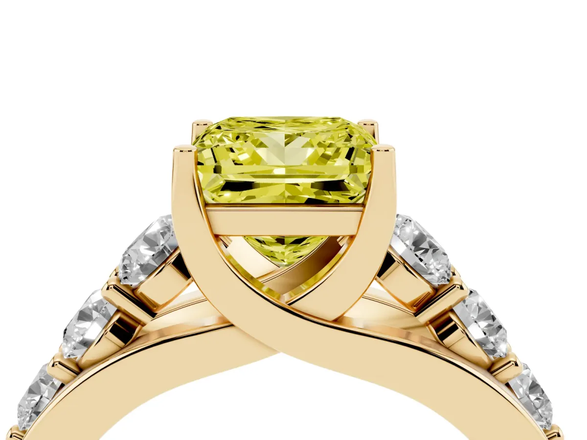 Fancy Yellow Princess Cut Diamond Engagement Ring with Pavé Band and Four-Prong Setting Yellow gold
