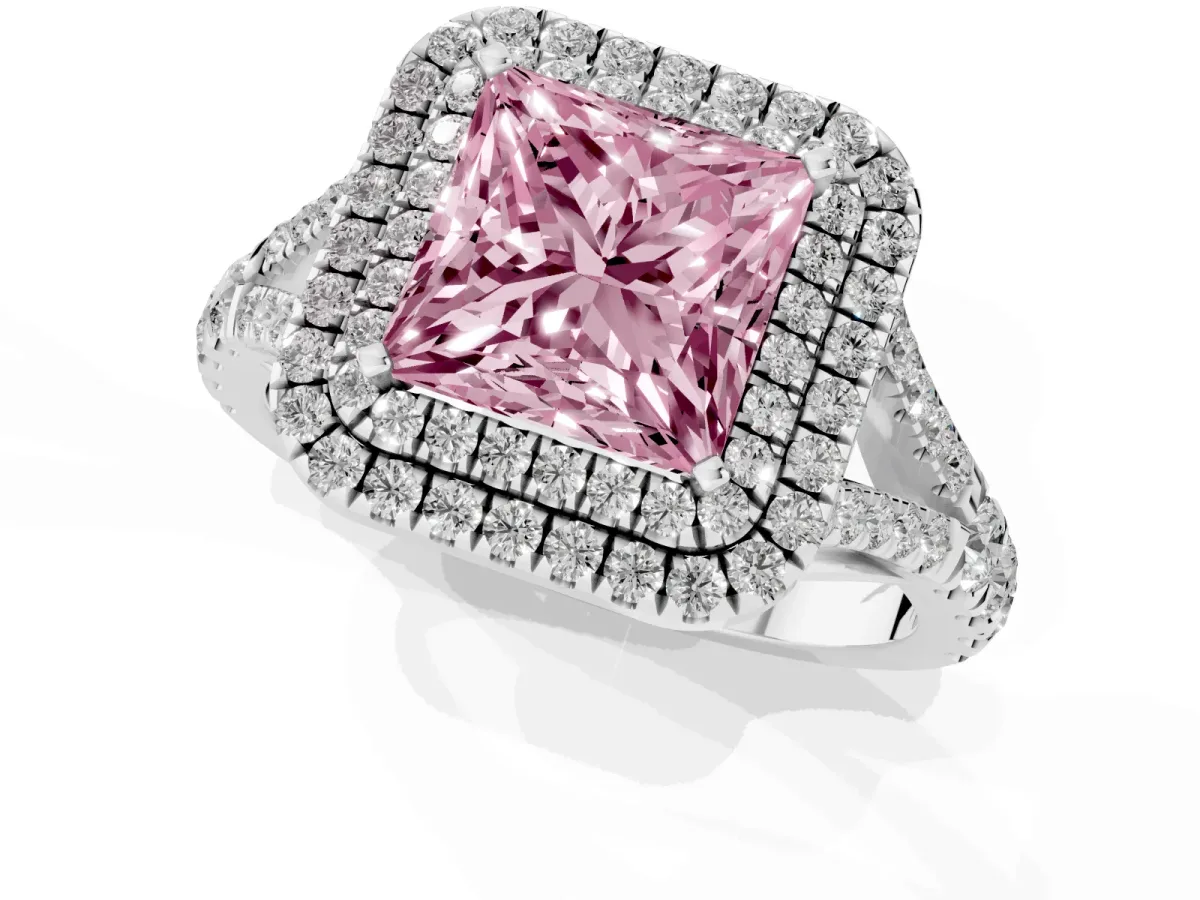 Fancy Pink Princess Cut Diamond Pavé Split Shank Double Halo Engagement Ring Silver