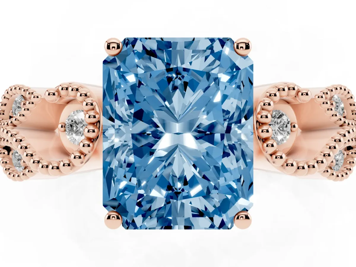 Fancy Blue Radiant Cut Solitaire Milgrain Leaf Band with Prong Setting Rose gold