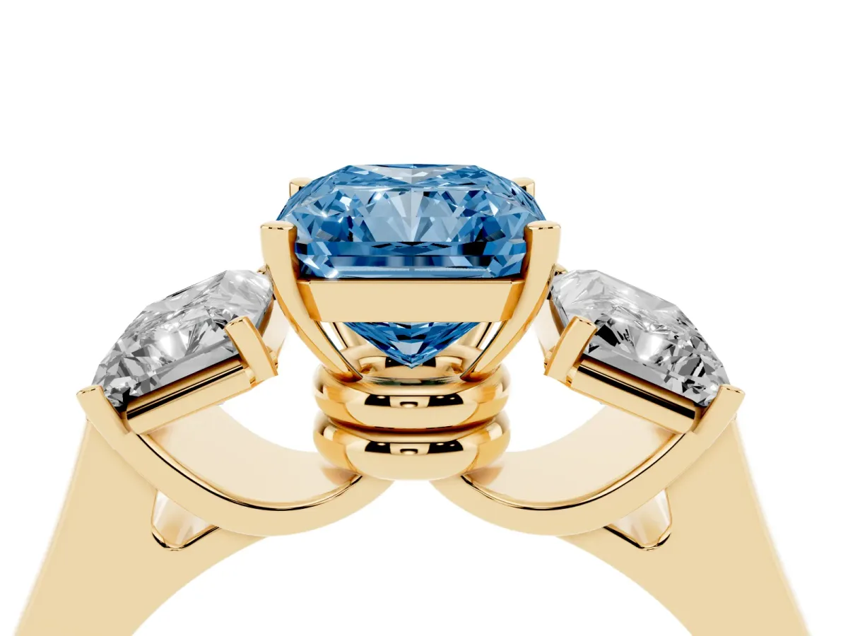 Fancy Blue Three-Stone Radiant Cut Brilliant Diamond Trellis Ring with Comfort Fit Band Yellow gold