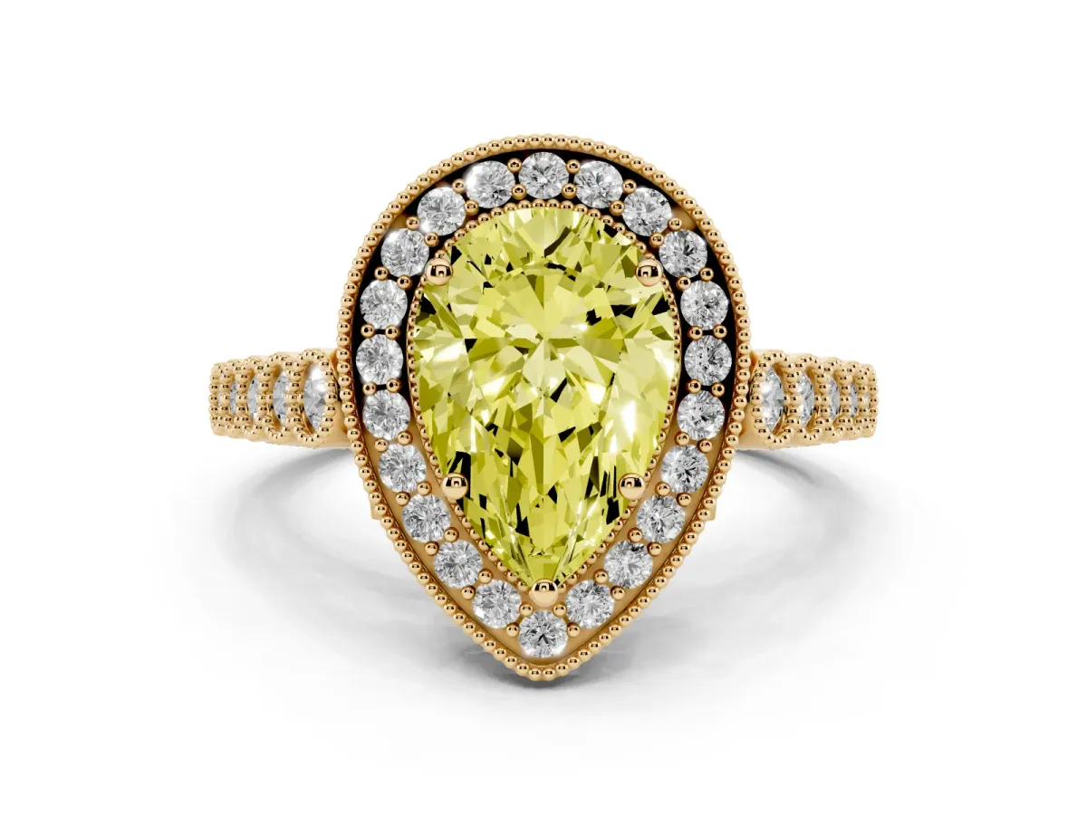 Fancy Yellow Pear Cut Halo Milgrain Solitaire with Bezel Set Side Stones and Pave Band Yellow gold