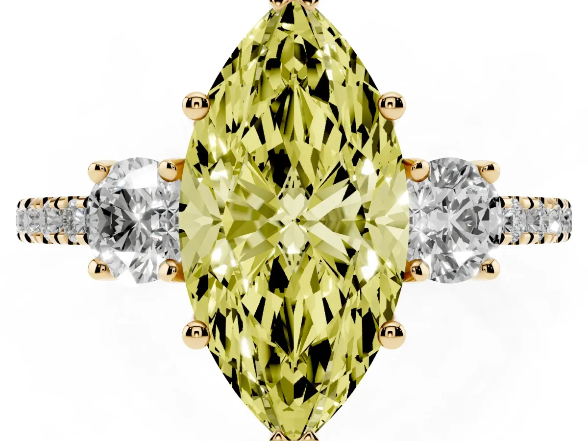 Fancy Yellow Three-Stone Marquise Cut Cut Diamond Pavé Band with Prong Setting Yellow gold