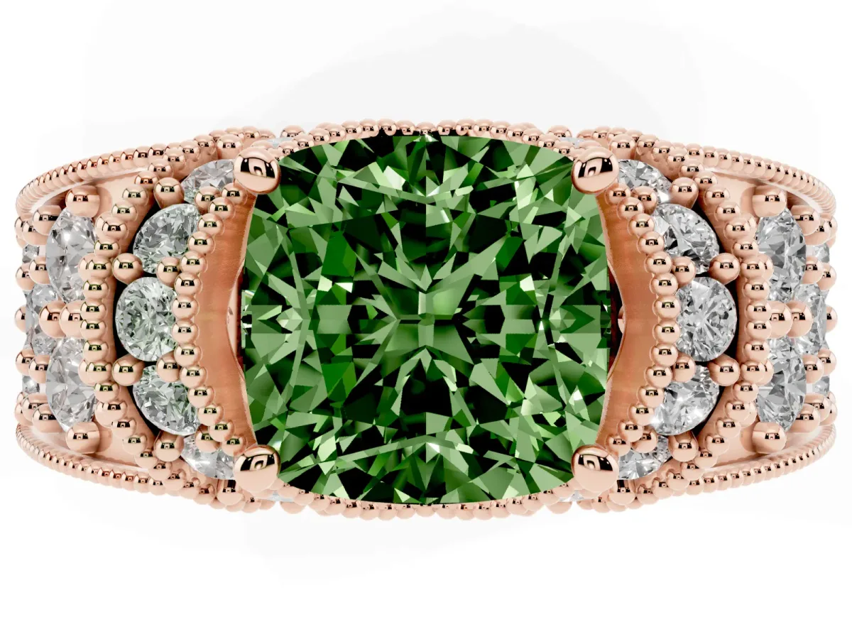 Fancy Green Cushion Cut Halo Pave Diamond Engagement Ring with Milgrain Detailing Rose gold