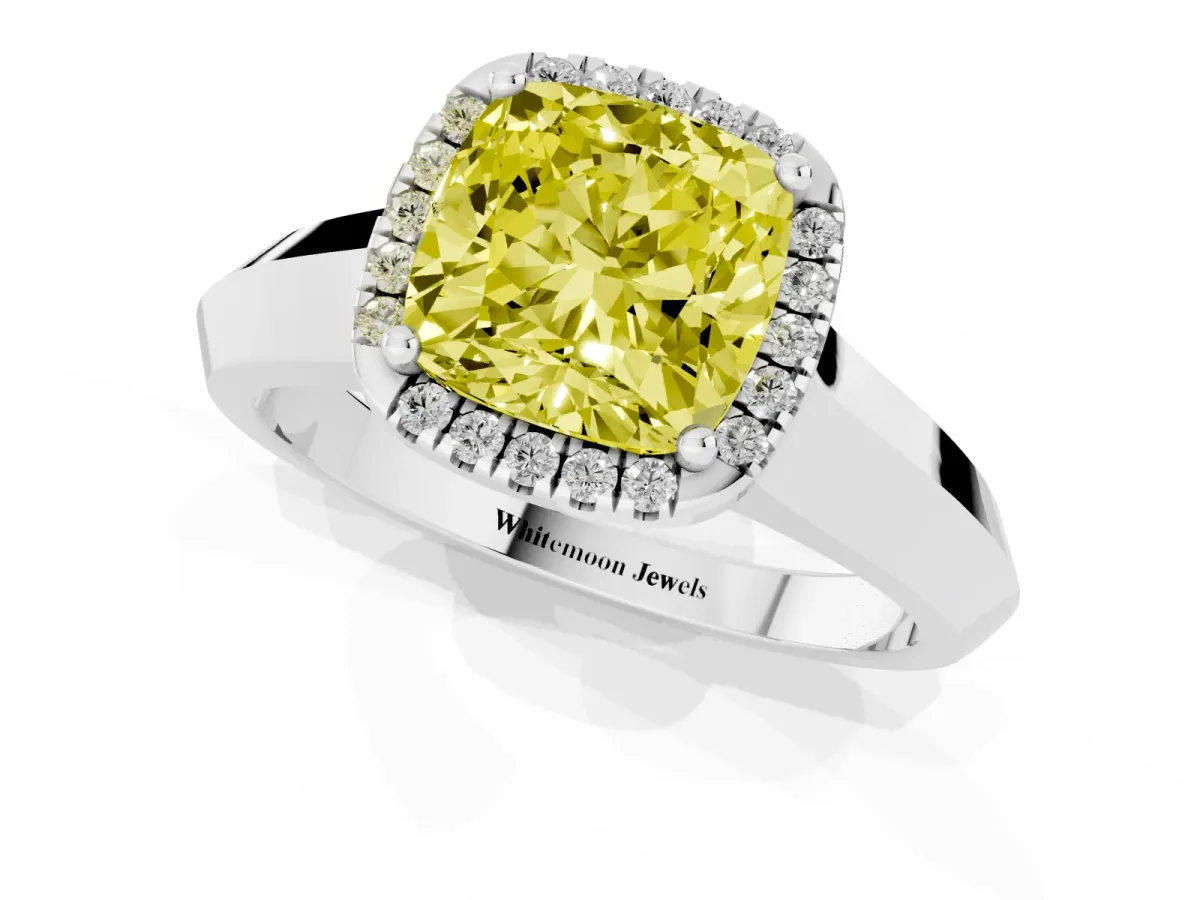 Fancy Yellow Cushion Cut Halo Diamond Ring with Cathedral Band and Four-Prong Setting Silver