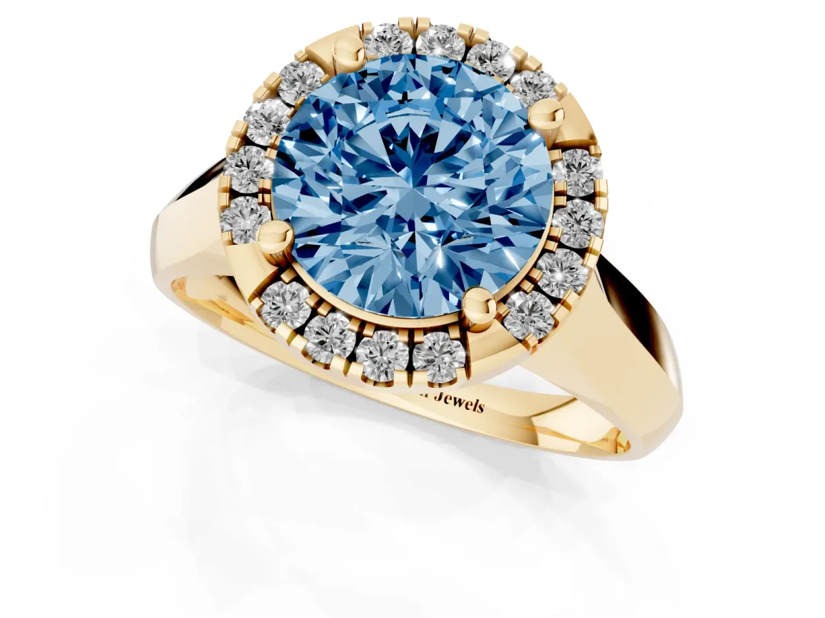 Fancy Blue Round Cut Cut Halo Solitaire Engagement Ring with Square Band and Four-Prong Setting Yellow gold