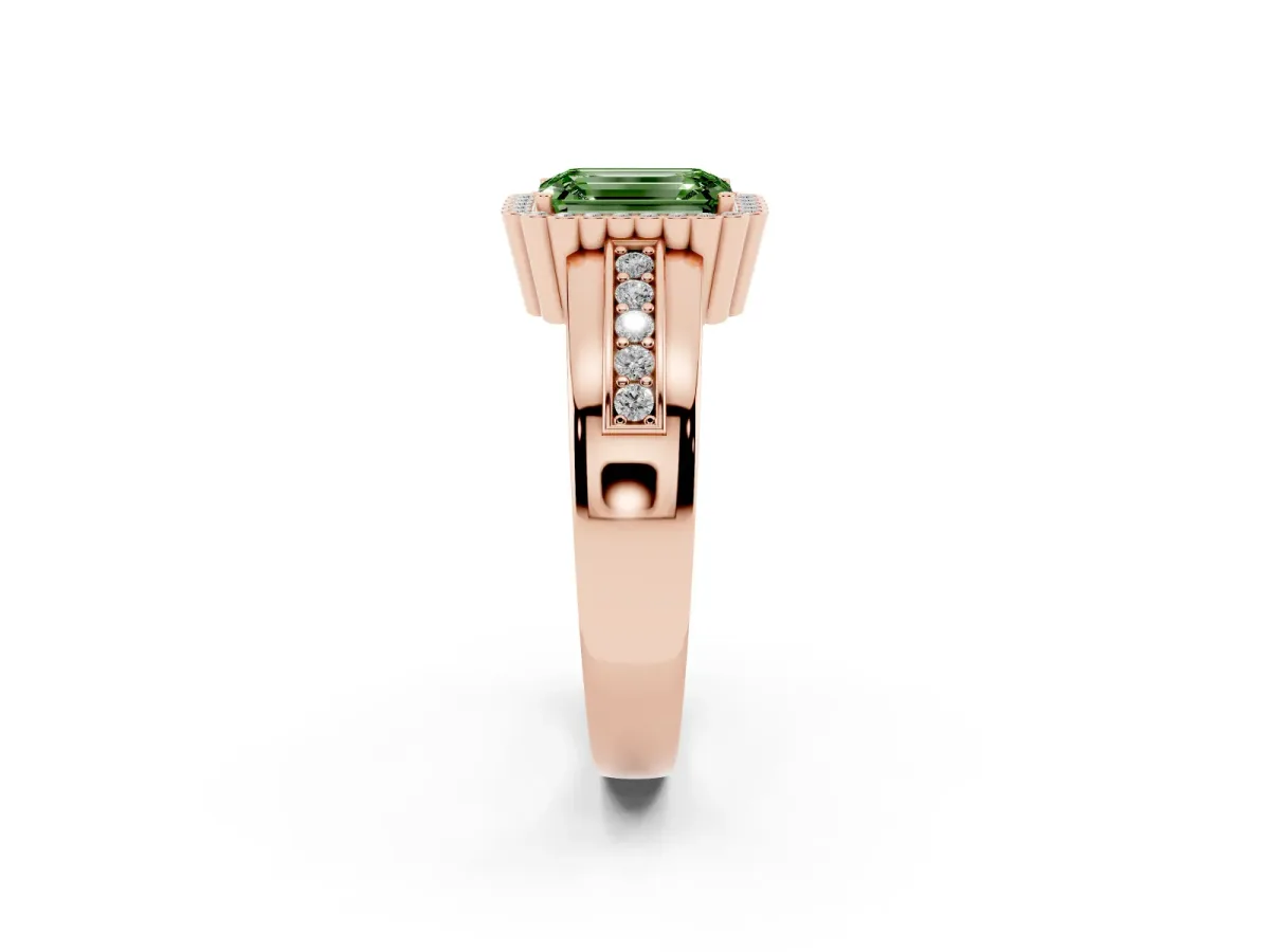Fancy Green Emerald Cut Cut Halo Pave Band Four-Prong Ring Rose gold