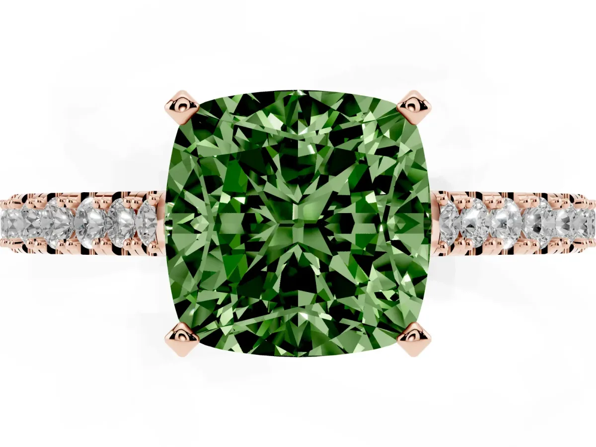 Fancy Green Cushion Cut Cut Solitaire Diamond Engagement Ring with Pave Band and Four-Prong Setting Rose gold