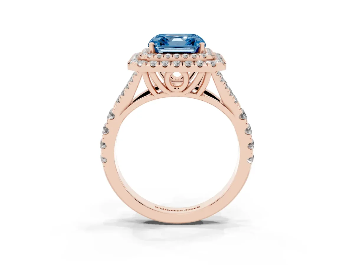 Fancy Blue Asscher Cut Cut Double Halo Split Shank Diamond Ring with Prong Setting Rose gold