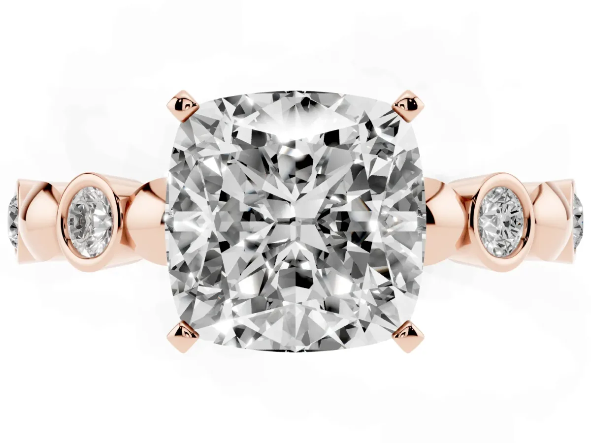 Cushion Cut Solitaire Bezel-Set Diamond Ring with Beaded Band and Four-Prong Setting Rose gold