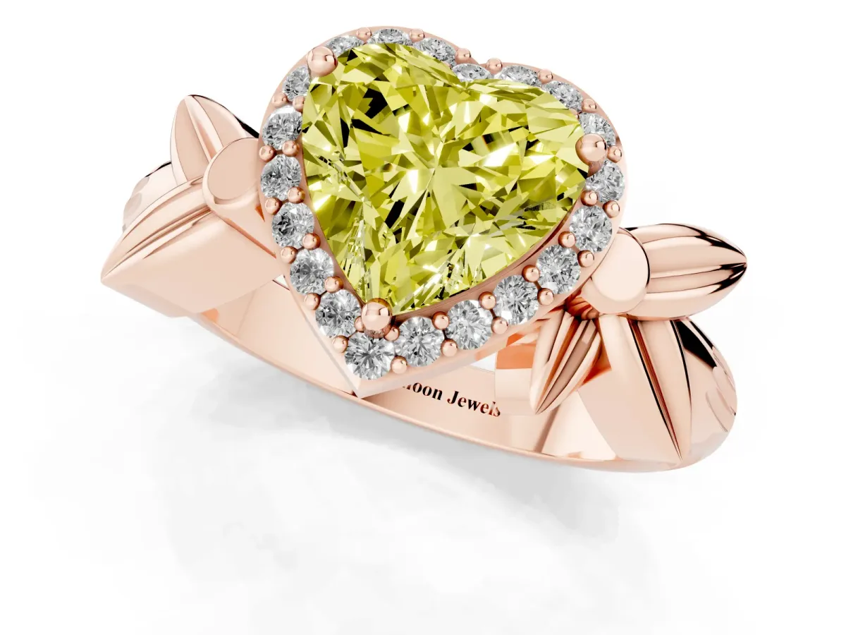 Fancy Yellow Heart Cut Halo Diamond Floral Band with Four-Prong Setting Rose gold