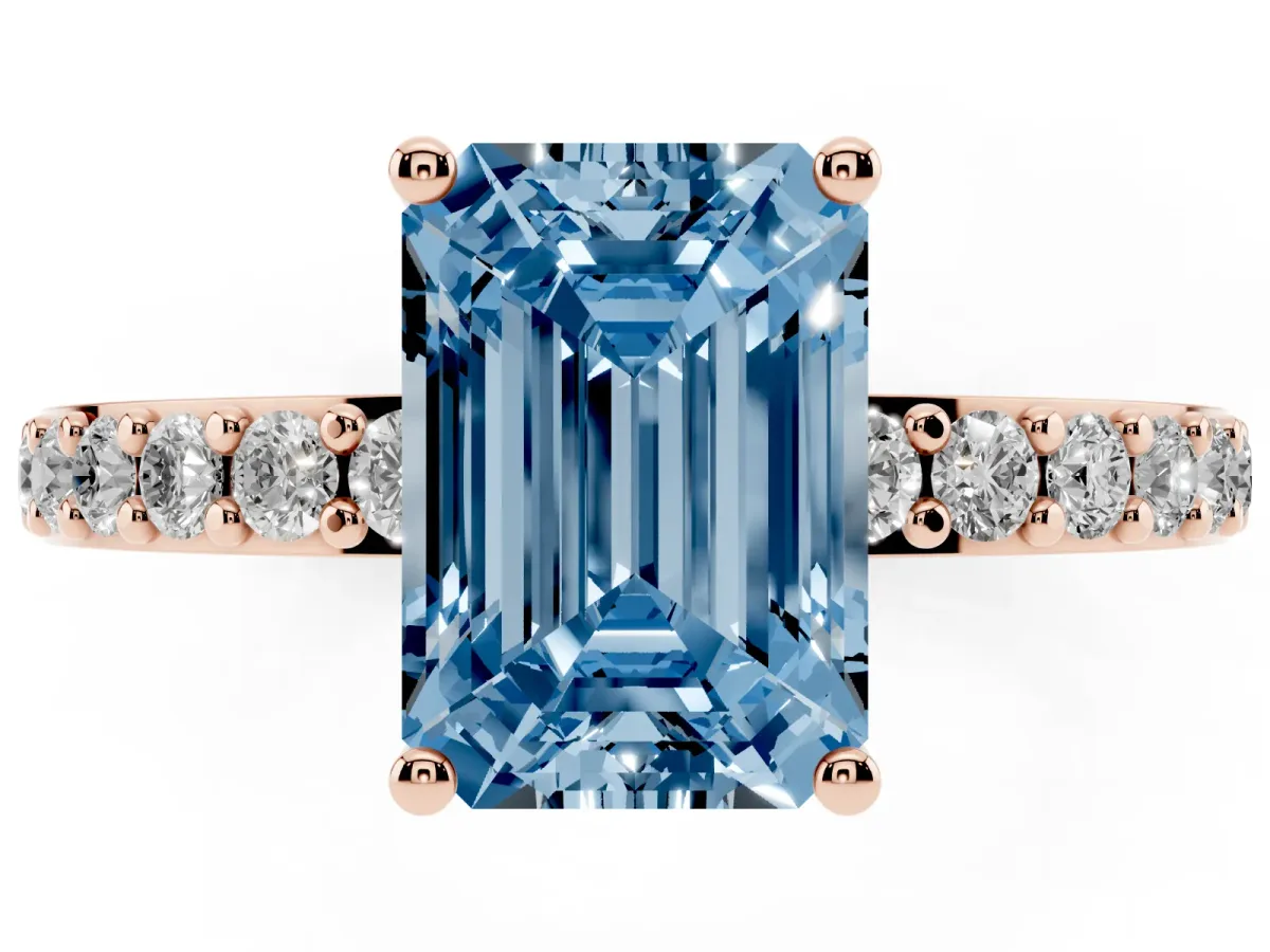 Fancy Blue Emerald Cut Cut Diamond Solitaire with Pave Band and Four-Prong Setting Rose gold