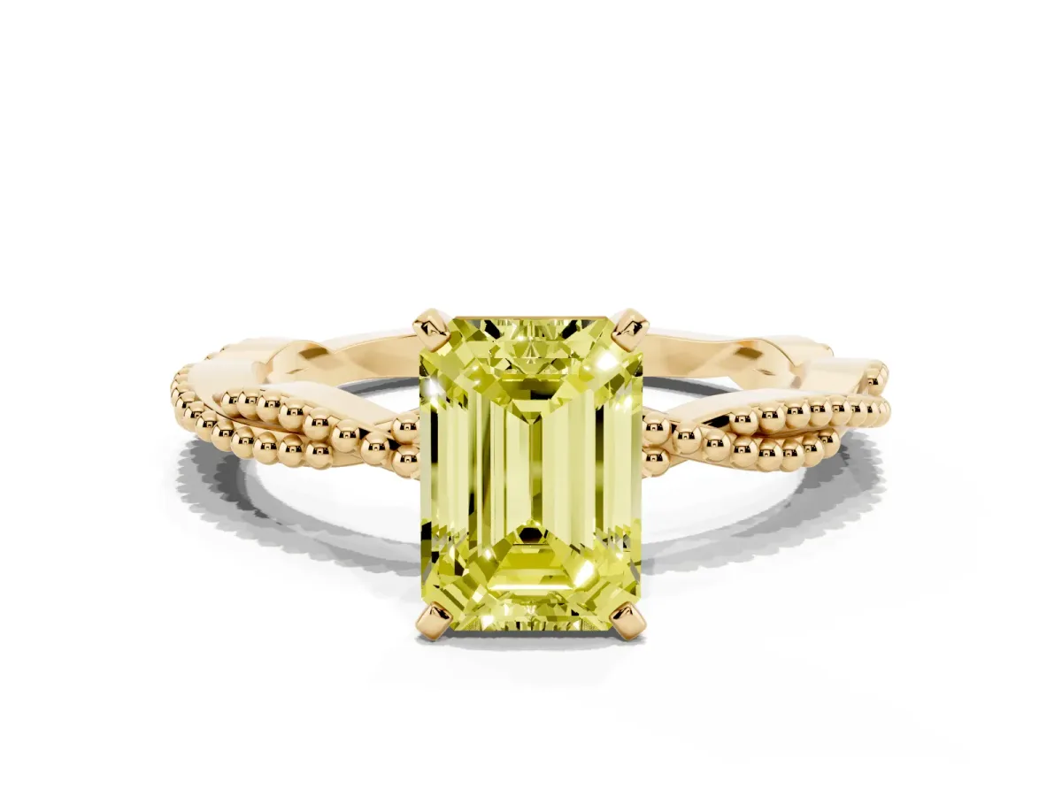 Fancy Yellow Emerald Cut Solitaire Twisted Band with Bead Prong Setting Yellow gold