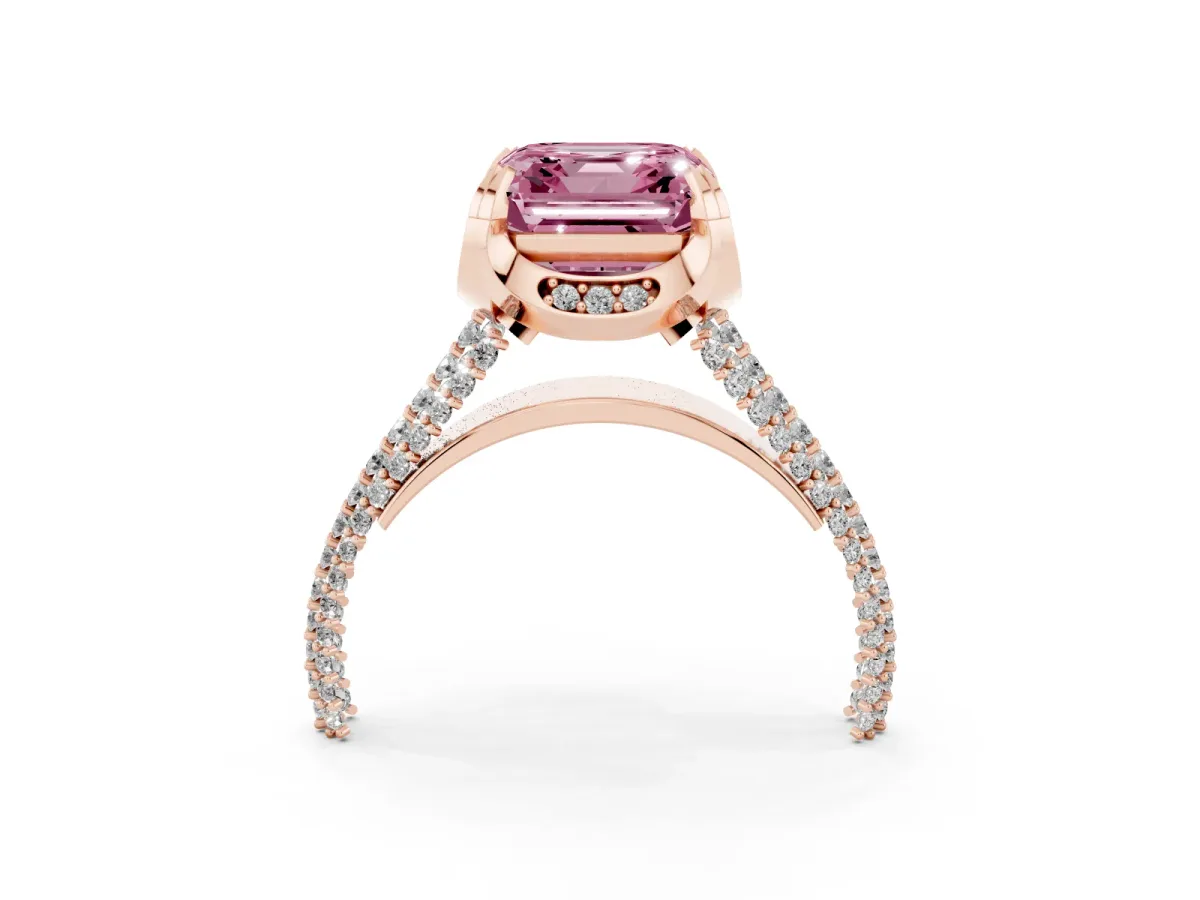 Fancy Pink Asscher Cut Solitaire Pave Split Shank Ring with Four-Prong Setting Rose gold