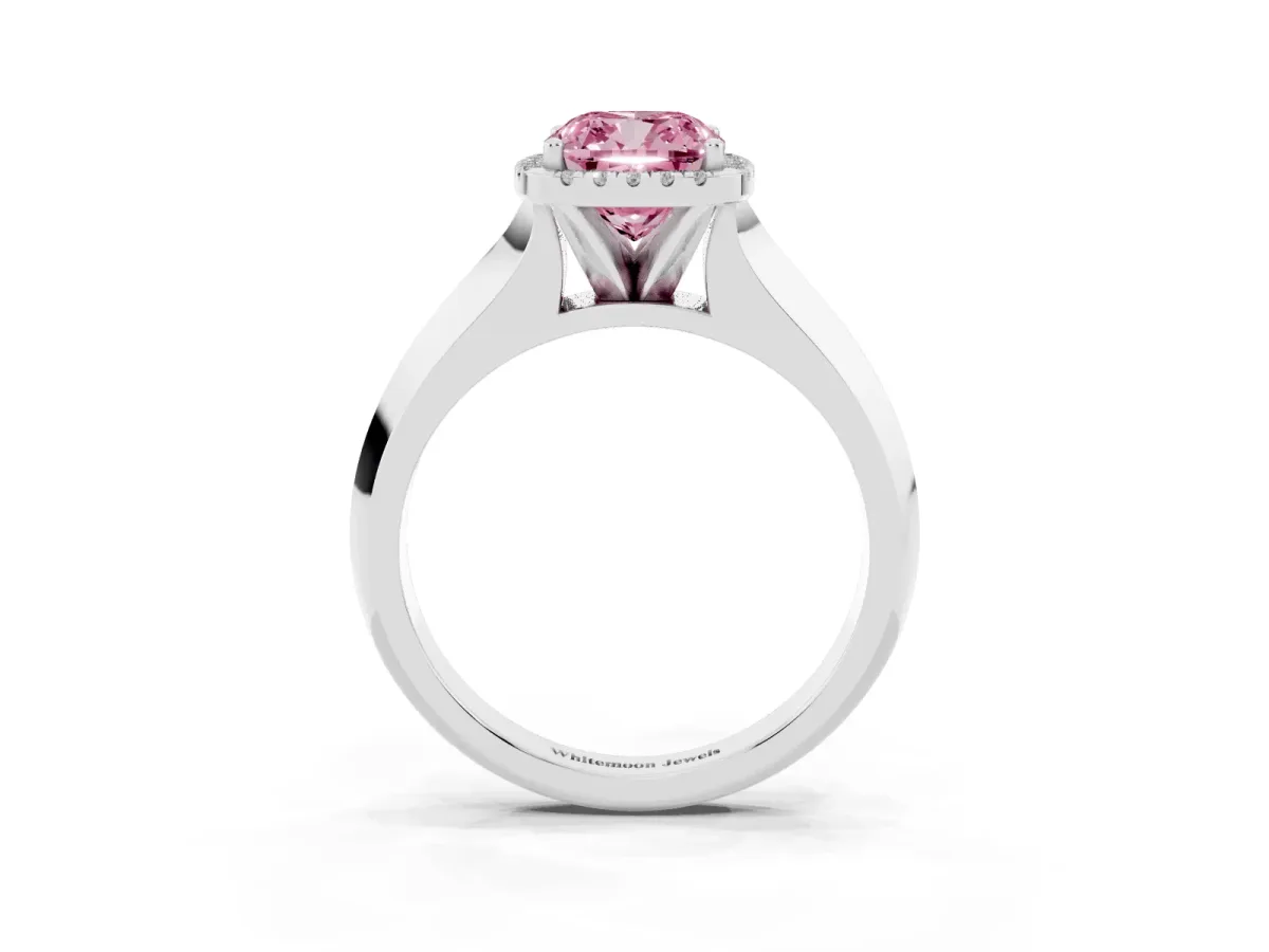 Fancy Pink Cushion Cut Halo Diamond Ring with Cathedral Band and Four-Prong Setting Silver