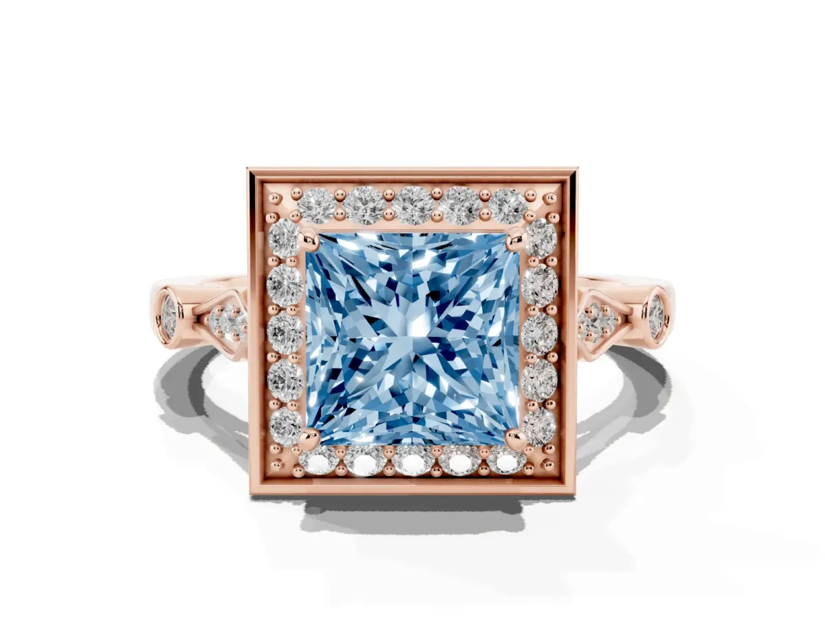 Fancy Blue Princess Cut Halo Diamond Engagement Ring with Twisted Band and Four-Prong Setting Rose gold