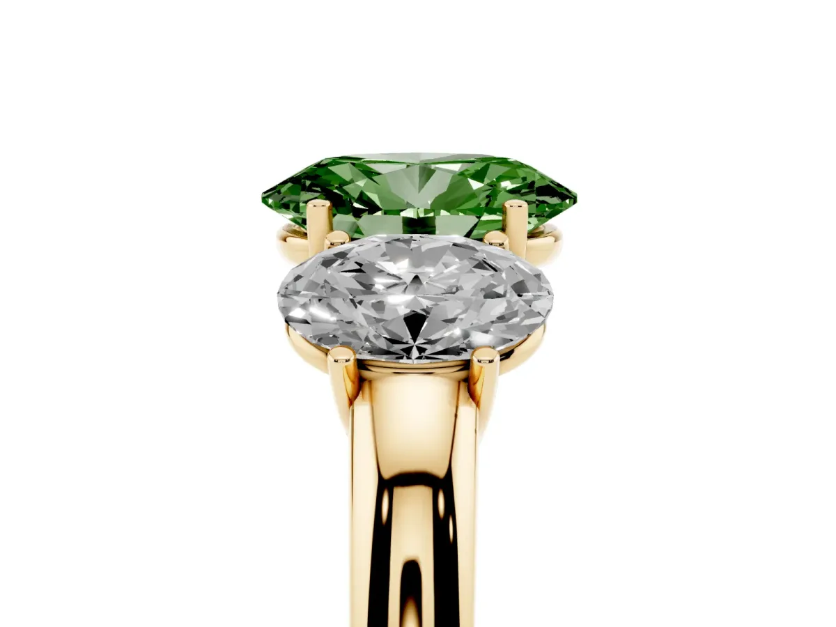 Fancy Green Oval Cut Diamond Three-Stone Ring with Four-Prong Setting and Classic Band Yellow gold