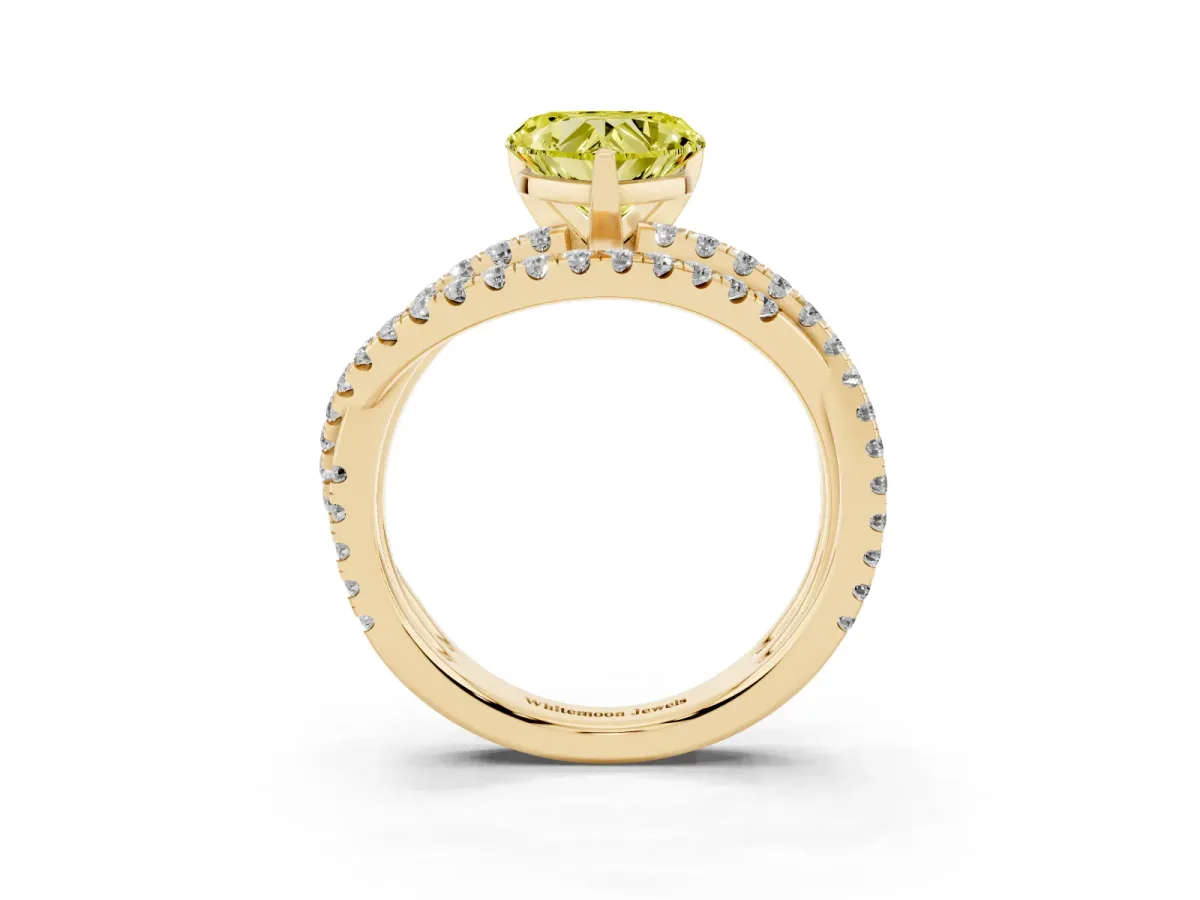 Fancy Yellow Heart Cut Solitaire Twist Band with Pavé Setting and Four-Prong Setting Yellow gold