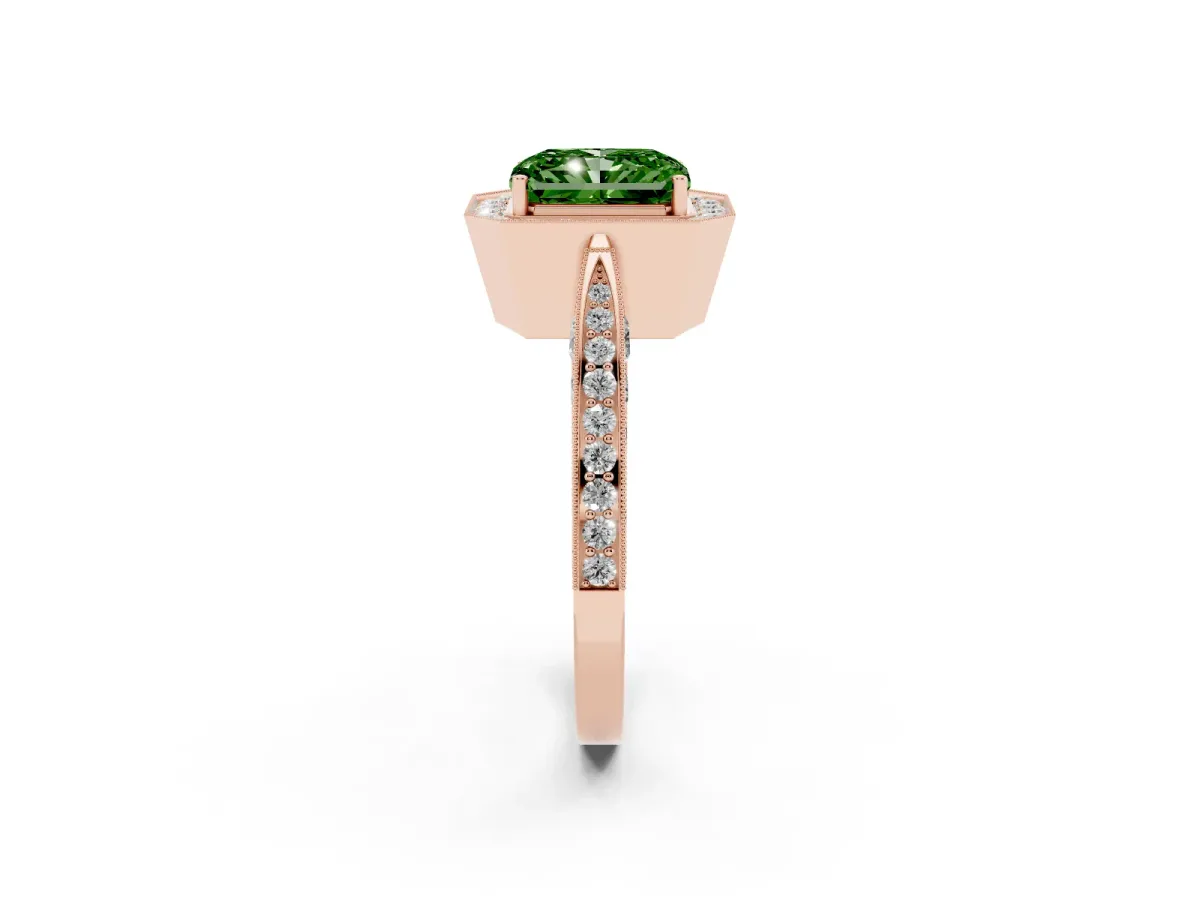 Fancy Green Radiant Cut Halo Diamond Engagement Ring with Split Shank Band and Four-Prong Setting Rose gold