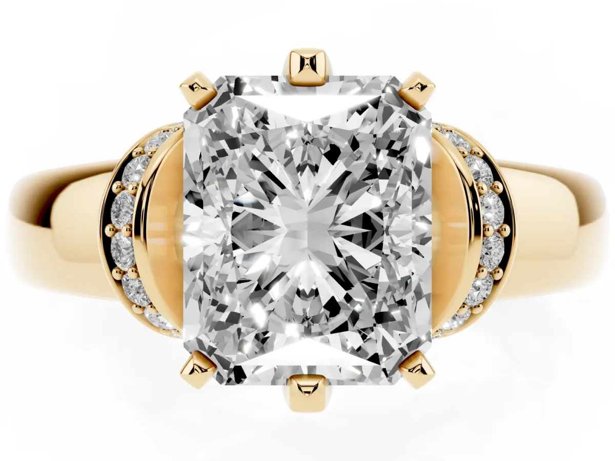 Radiant Cut Solitaire Diamond Ring with Pave Band and Six-Prong Setting Yellow gold
