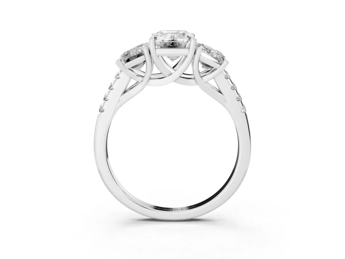 Three-Stone Emerald Cut Diamond Ring with Round Pavé Band and Prong Setting Silver