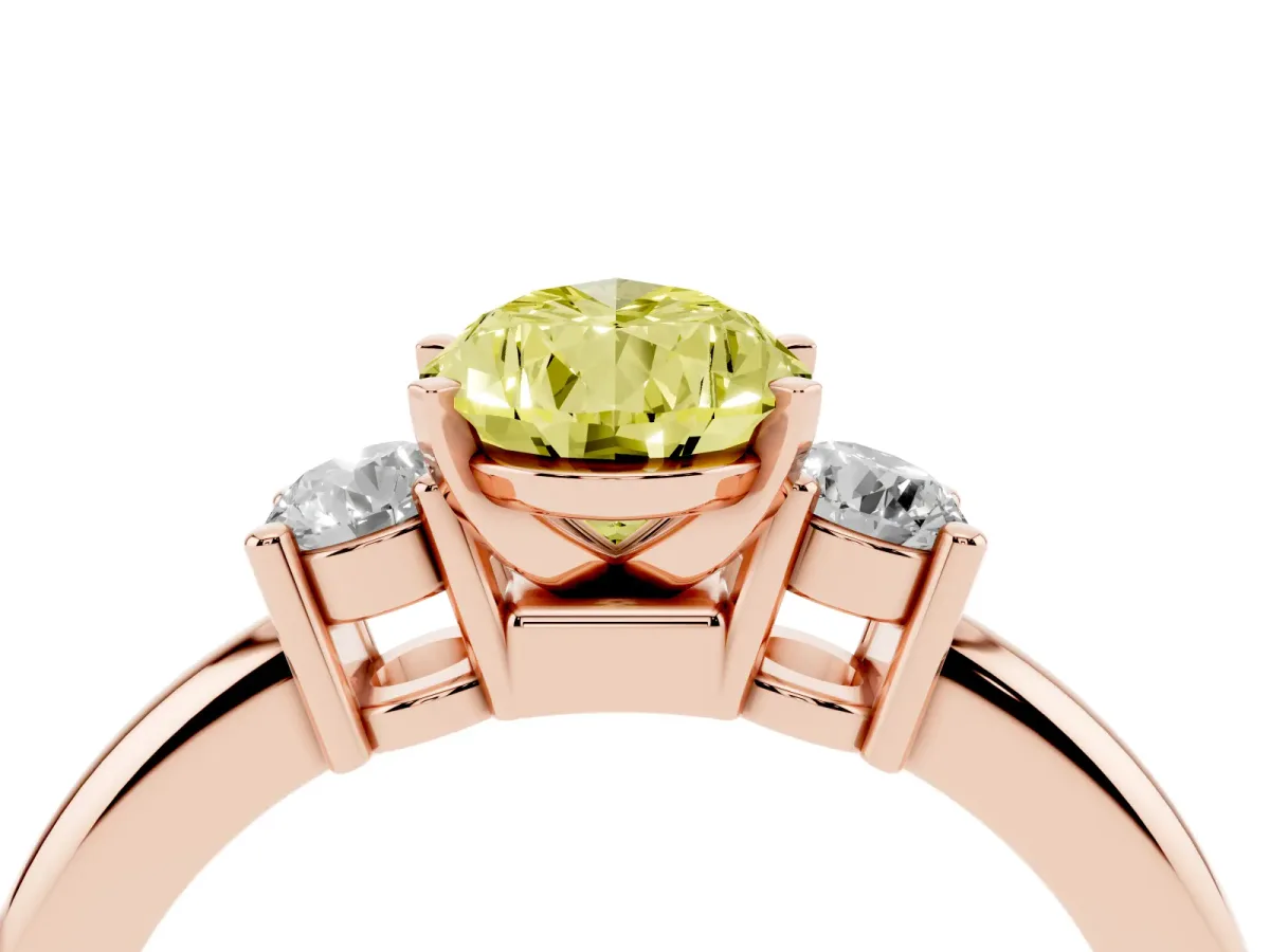 Fancy Yellow Three-Stone Pear Cut Cut Diamond Solitaire with Prong Setting and Classic Band Rose gold