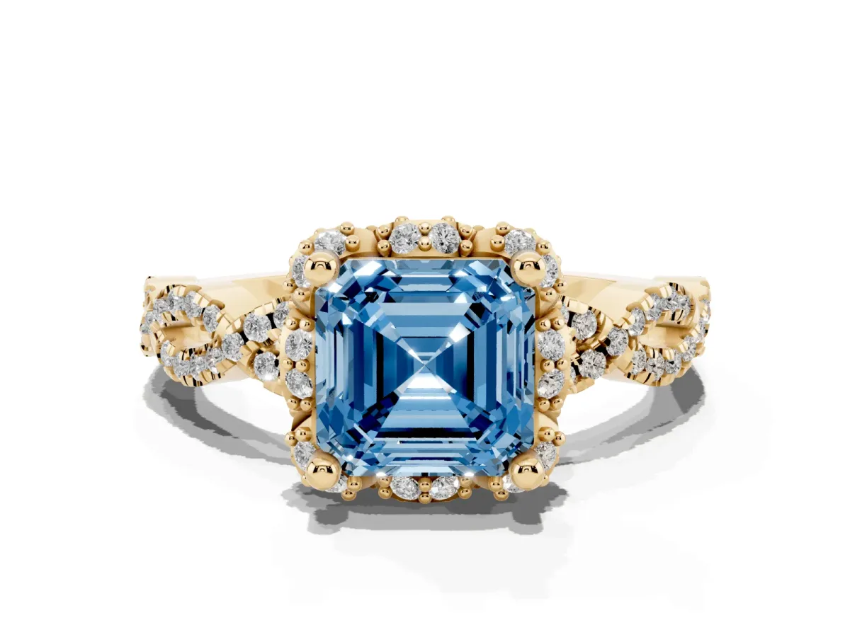 Fancy Blue Asscher Cut Halo Twist Band Solitaire Ring with Six-Prong Setting Yellow gold
