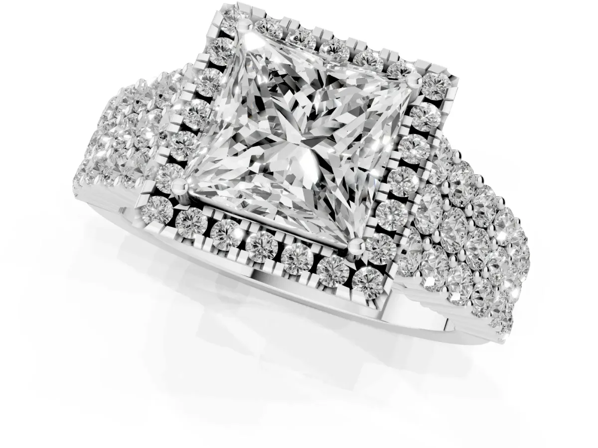 Princess Cut Diamond Halo Engagement Ring with Triple Row Round Pavé Band and Prong Setting White gold