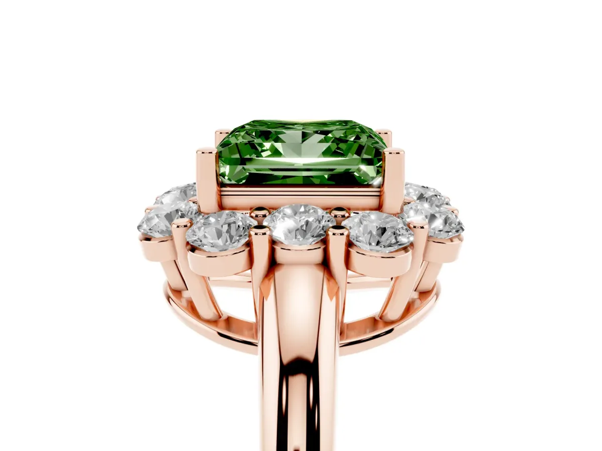 Fancy Green Princess Cut Halo Milgrain Solitaire with Bezel Set Side Stones and Pave Band Rose gold